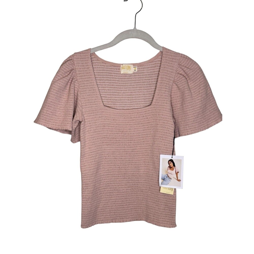 Nation LTD Shirt Womens XS Pink Flutter Sleeve Square Neck Tee Top Textured Knit